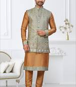 Beige dupion silk embroidered kurta pajama and nehru jacket
