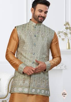 Beige dupion silk embroidered kurta pajama and nehru jacket 2