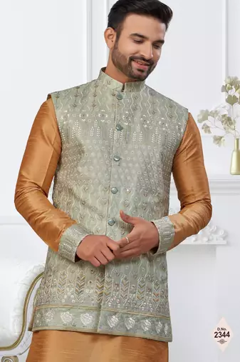 Beige dupion silk embroidered kurta pajama and nehru jacket
