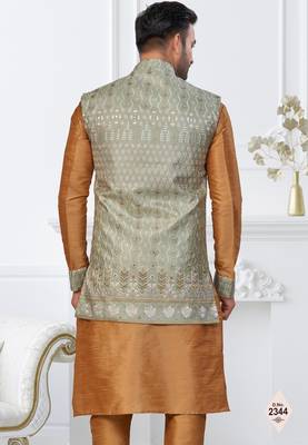 Beige dupion silk embroidered kurta pajama and nehru jacket 3