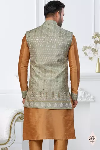 Beige dupion silk embroidered kurta pajama and nehru jacket