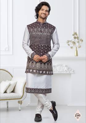 White dupion silk embroidered kurta pajama and nehru jacket 1