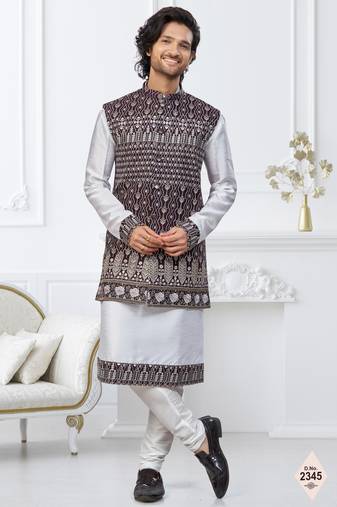 White dupion silk embroidered kurta pajama and nehru jacket