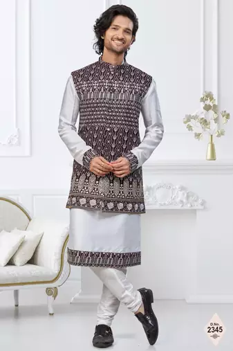 White dupion silk embroidered kurta pajama and nehru jacket