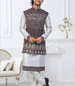 White dupion silk embroidered kurta pajama and nehru jacket
