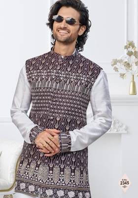 White dupion silk embroidered kurta pajama and nehru jacket 2