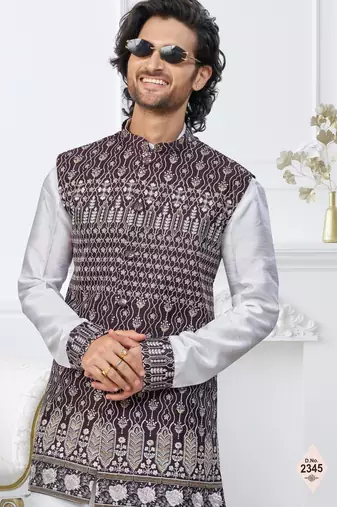White dupion silk embroidered kurta pajama and nehru jacket