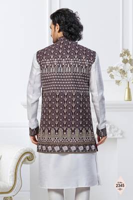 White dupion silk embroidered kurta pajama and nehru jacket 3