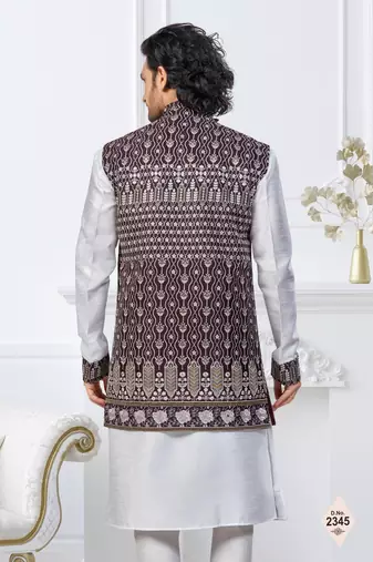 White dupion silk embroidered kurta pajama and nehru jacket