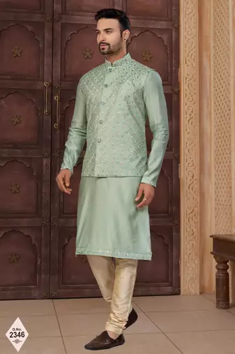 Green silk blend embroidered kurta pajama and nehru jacket