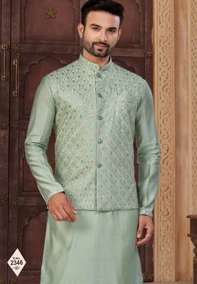 Green silk blend embroidered kurta pajama and nehru jacket 2