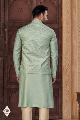 Green silk blend embroidered kurta pajama and nehru jacket 3