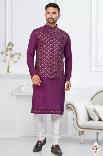 Purple silk blend embroidered kurta pajama and nehru jacket