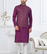 Purple silk blend embroidered kurta pajama and nehru jacket