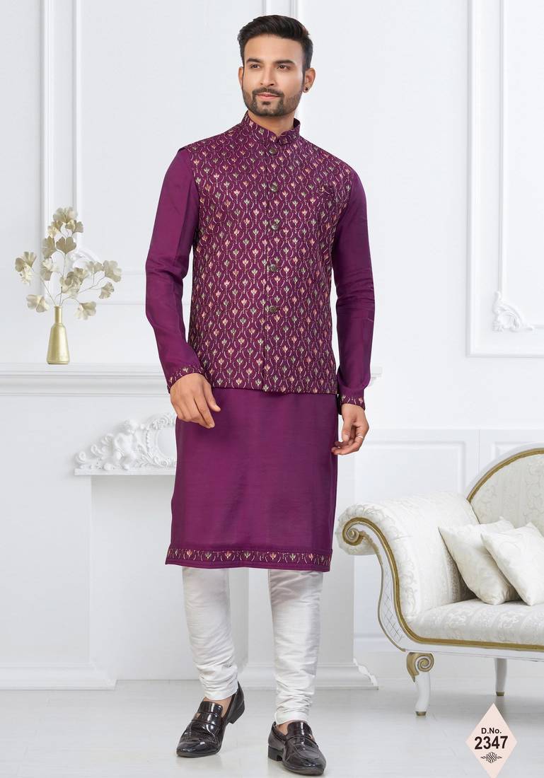 Purple silk blend embroidered kurta pajama and nehru jacket