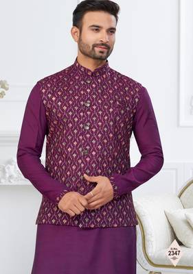 Purple silk blend embroidered kurta pajama and nehru jacket 2
