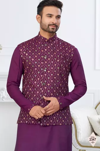 Purple silk blend embroidered kurta pajama and nehru jacket