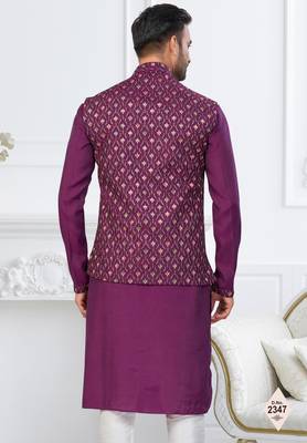 Purple silk blend embroidered kurta pajama and nehru jacket 3