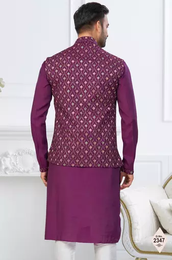 Purple silk blend embroidered kurta pajama and nehru jacket