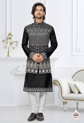 Black dupion silk embroidered kurta pajama and nehru jacket 1