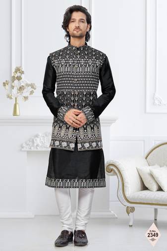 Black dupion silk embroidered kurta pajama and nehru jacket