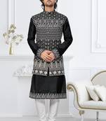 Black dupion silk embroidered kurta pajama and nehru jacket