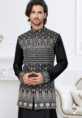 Black dupion silk embroidered kurta pajama and nehru jacket 2