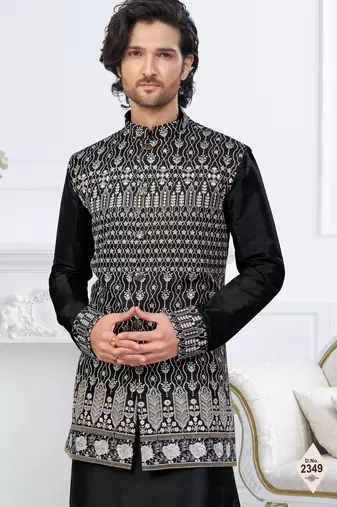 Black dupion silk embroidered kurta pajama and nehru jacket
