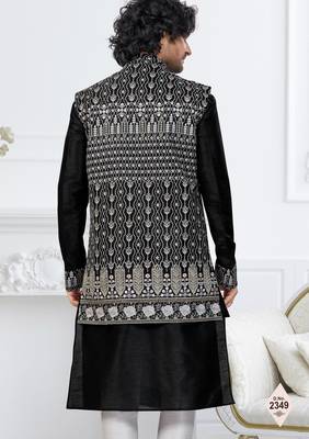Black dupion silk embroidered kurta pajama and nehru jacket 3