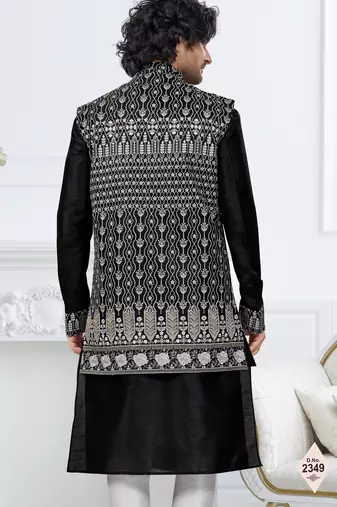 Black dupion silk embroidered kurta pajama and nehru jacket