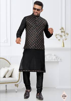 Black dupion silk embroidered kurta pajama and nehru jacket 1