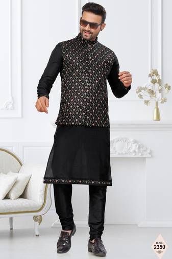 Black dupion silk embroidered kurta pajama and nehru jacket