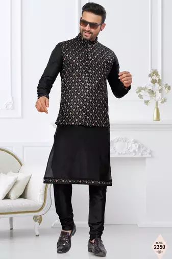 Black dupion silk embroidered kurta pajama and nehru jacket