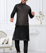 Black dupion silk embroidered kurta pajama and nehru jacket