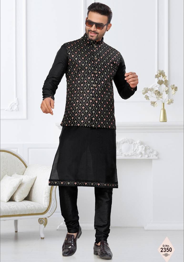 Black dupion silk embroidered kurta pajama and nehru jacket