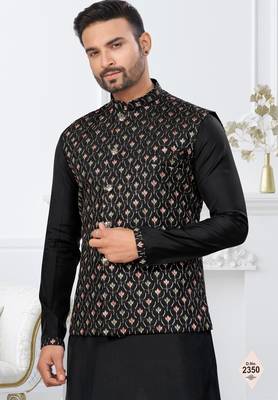 Black dupion silk embroidered kurta pajama and nehru jacket 2