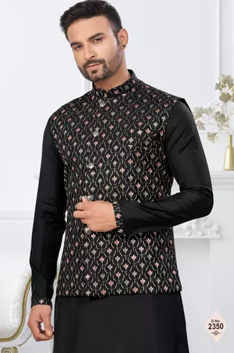 Black dupion silk embroidered kurta pajama and nehru jacket