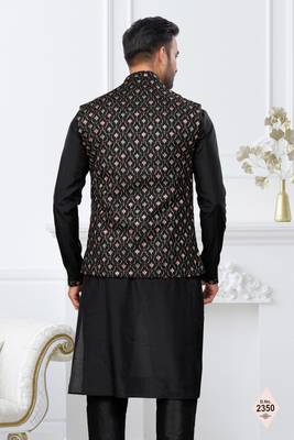 Black dupion silk embroidered kurta pajama and nehru jacket 3