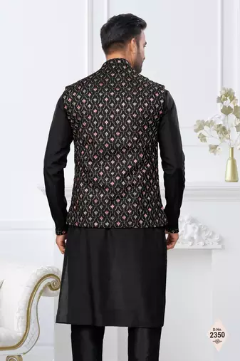 Black dupion silk embroidered kurta pajama and nehru jacket