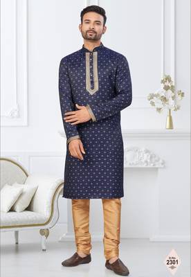 Blue faux banarasi embroidered kurta pajama and nehru jacket 1