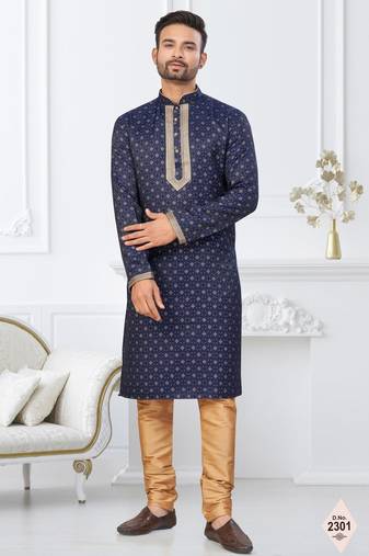 Blue faux banarasi embroidered kurta pajama and nehru jacket