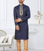 Blue faux banarasi embroidered kurta pajama and nehru jacket