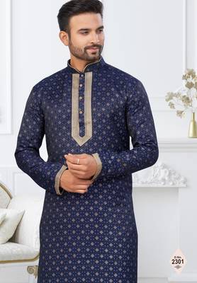 Blue faux banarasi embroidered kurta pajama and nehru jacket 2