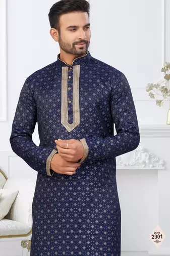 Blue faux banarasi embroidered kurta pajama and nehru jacket