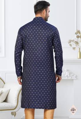 Blue faux banarasi embroidered kurta pajama and nehru jacket 3