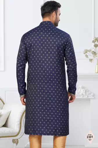 Blue faux banarasi embroidered kurta pajama and nehru jacket