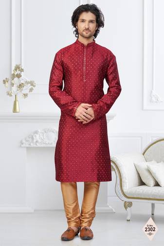 Maroon faux banarasi embroidered kurta pajama and nehru jacket