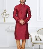 Maroon faux banarasi embroidered kurta pajama