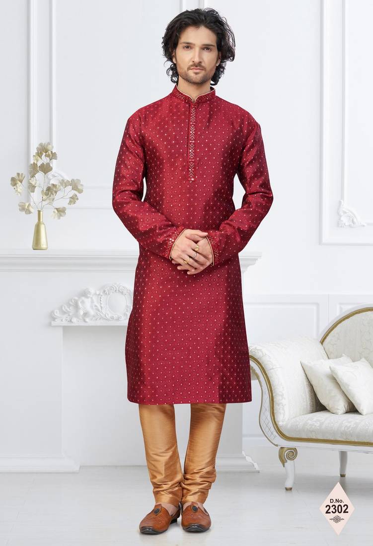 Maroon faux banarasi embroidered kurta pajama and nehru jacket
