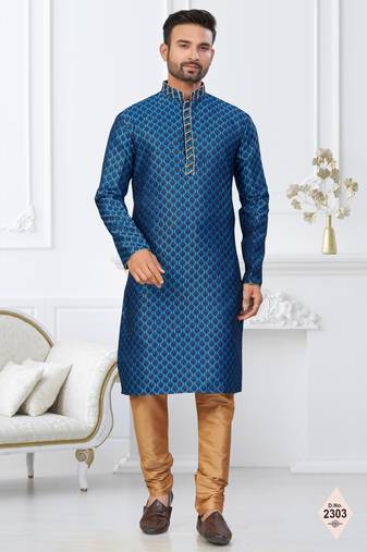 Blue faux banarasi embroidered kurta pajama and nehru jacket